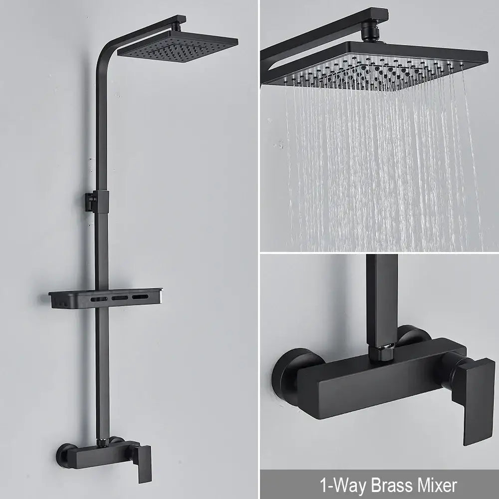 Matte black rainfall shower faucet set with shelf for bathroom