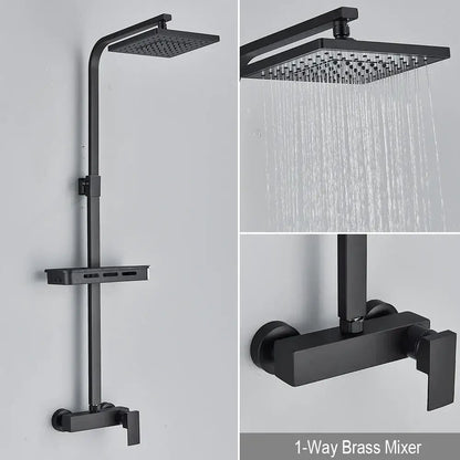 Matte black rainfall shower faucet set with shelf for bathroom