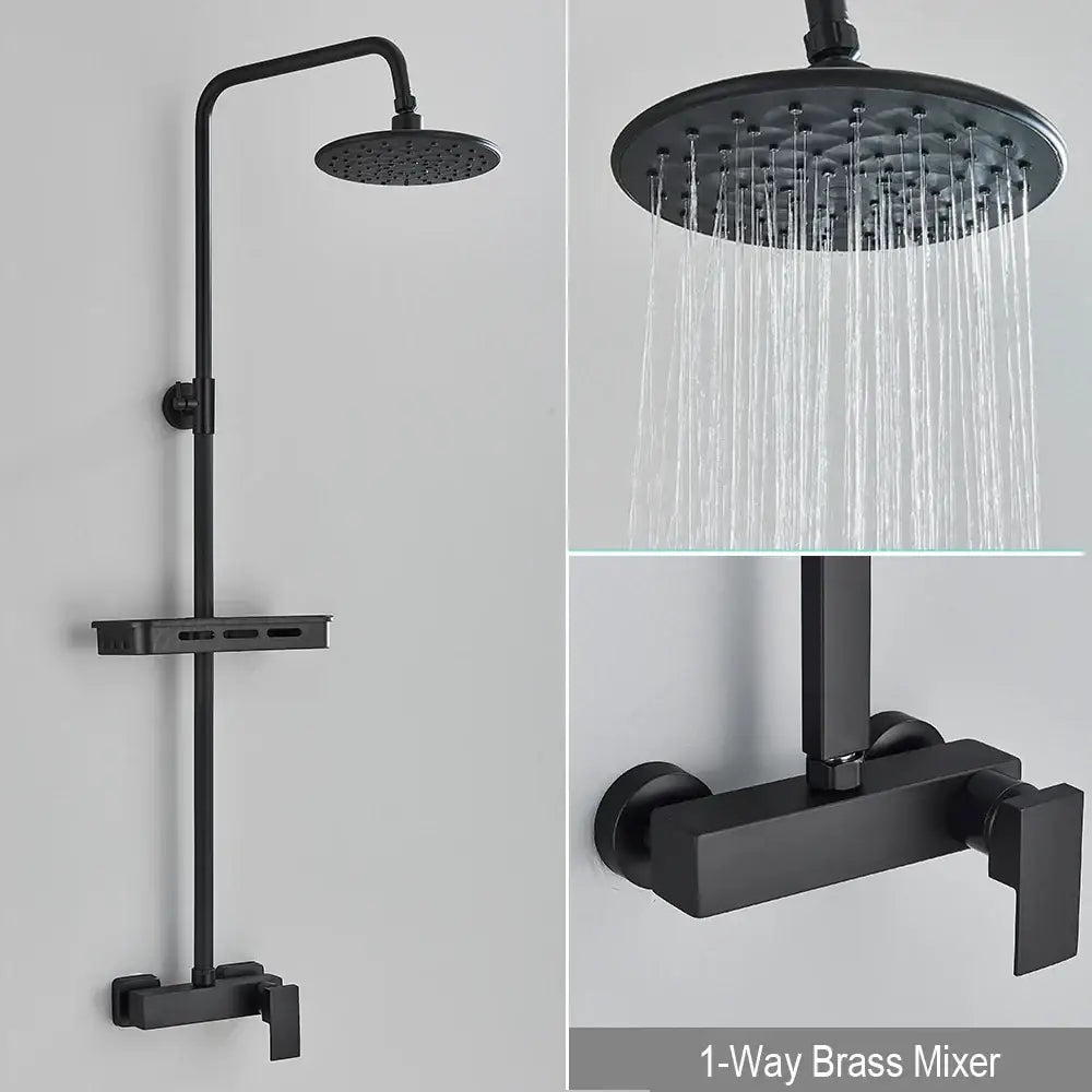 Matte black rainfall shower faucet set with shelf for bathroom