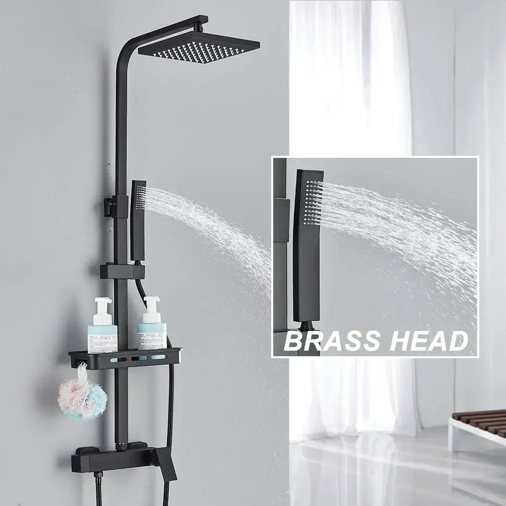 Matte black rainfall shower faucet set with shelf for bathroom