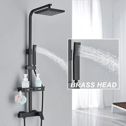 Matte black rainfall shower faucet set with shelf for bathroom