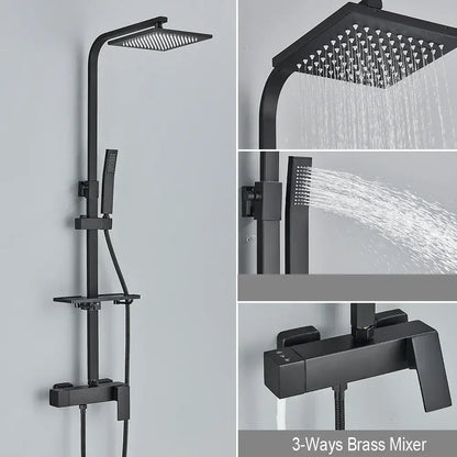 Matte black rainfall shower faucet set with shelf for bathroom