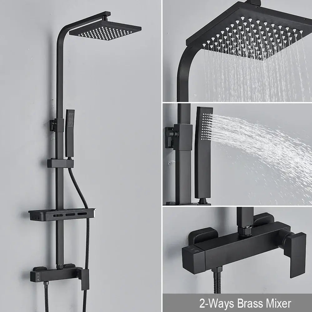 Matte black rainfall shower faucet set with shelf for bathroom