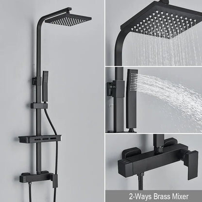 Matte black rainfall shower faucet set with shelf for bathroom