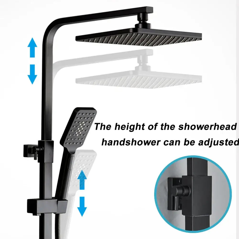 Matte black rainfall shower faucet set with shelf for bathroom