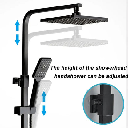 Matte black rainfall shower faucet set with shelf for bathroom