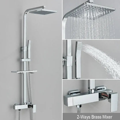 Matte black rainfall shower faucet set with shelf for bathroom