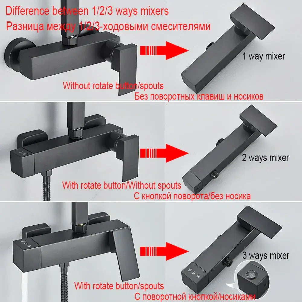 Matte black rainfall shower faucet set with shelf for bathroom