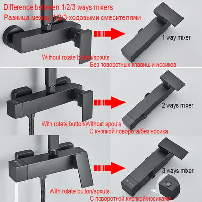 Matte black rainfall shower faucet set with shelf for bathroom