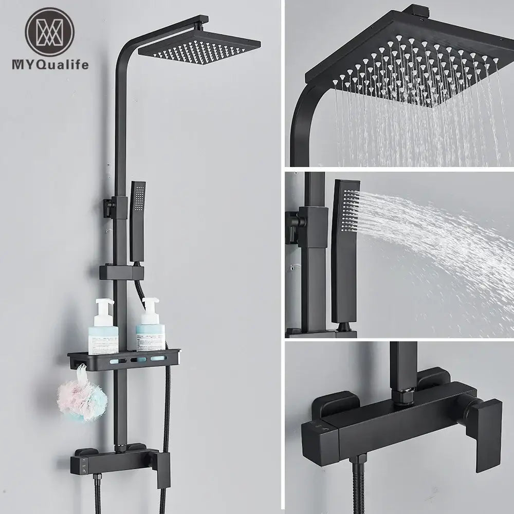 Matte black rainfall shower faucet set with shelf for bathroom