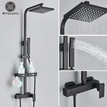 Matte black rainfall shower faucet set with shelf for bathroom
