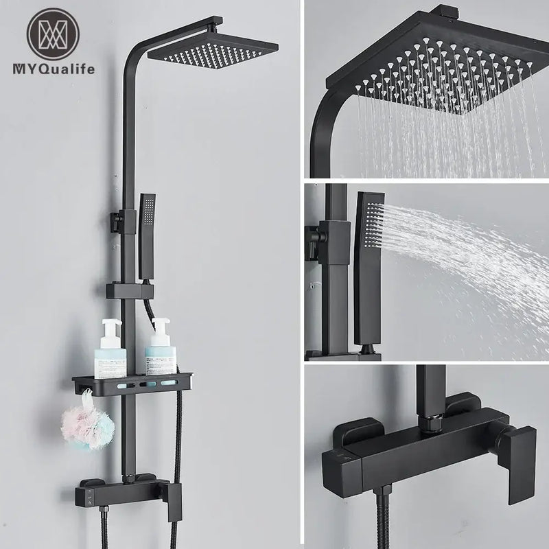 Matte black rainfall shower faucet set with shelf for bathroom