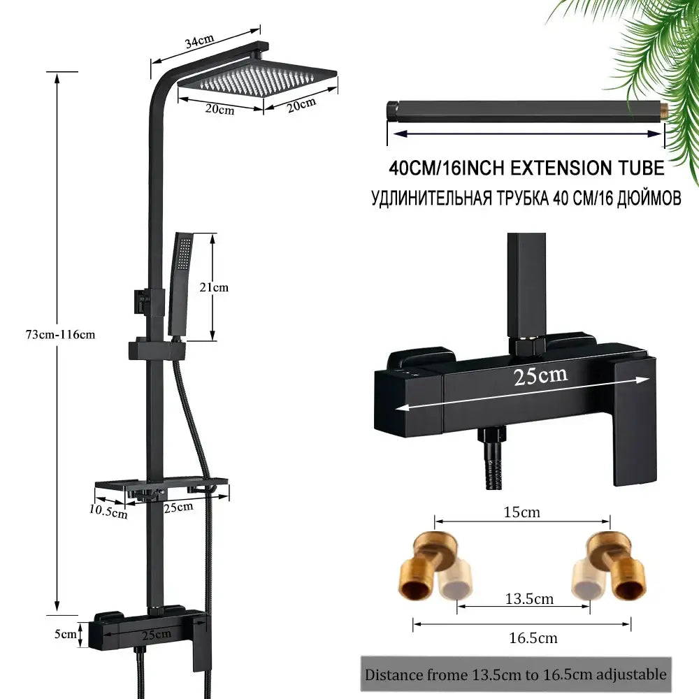 Matte black rainfall shower faucet set with shelf for bathroom