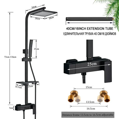 Matte black rainfall shower faucet set with shelf for bathroom