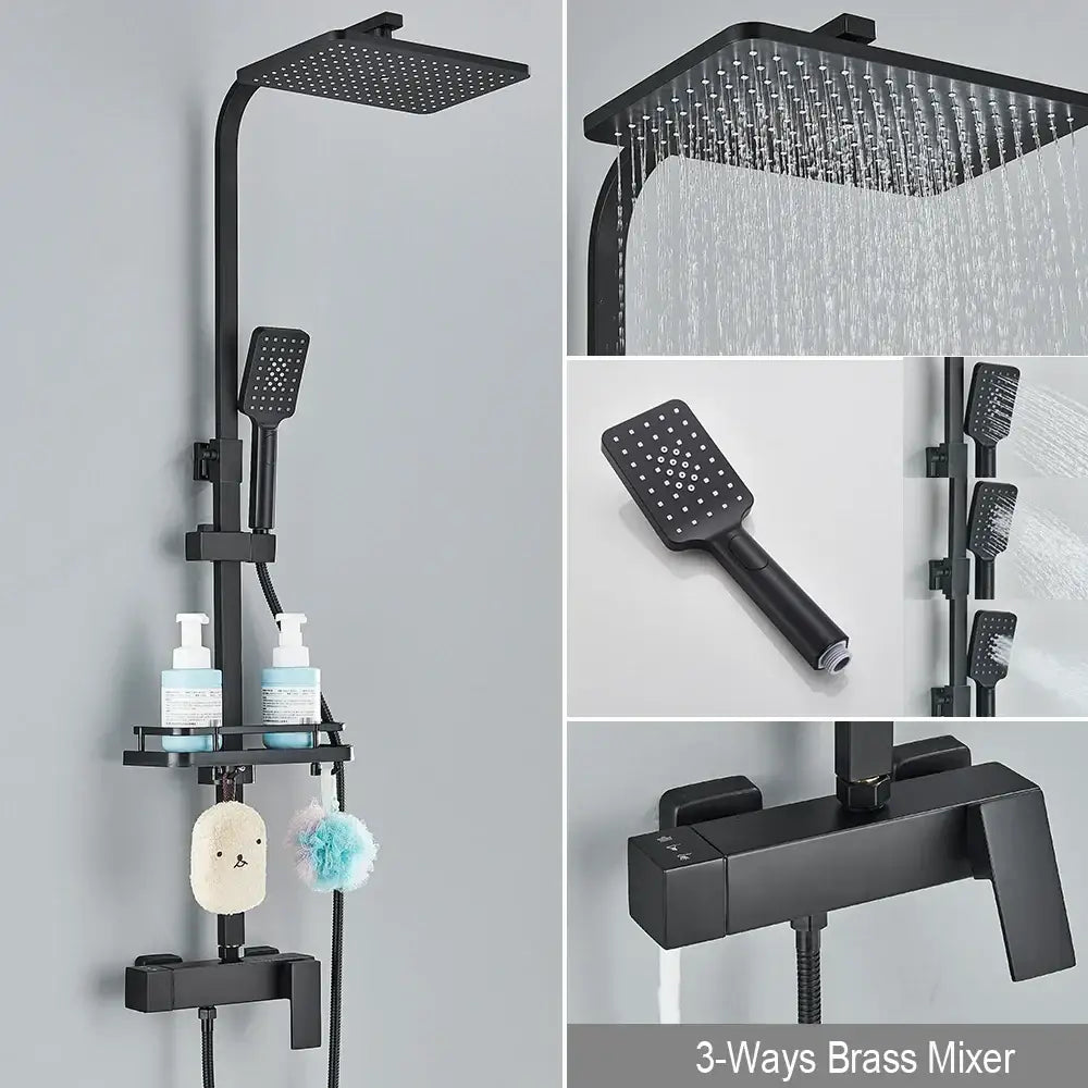 Matte black rainfall shower faucet set with shelf for bathroom