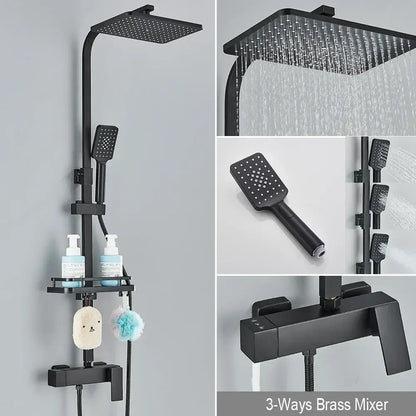 Matte black rainfall shower faucet set with shelf for bathroom