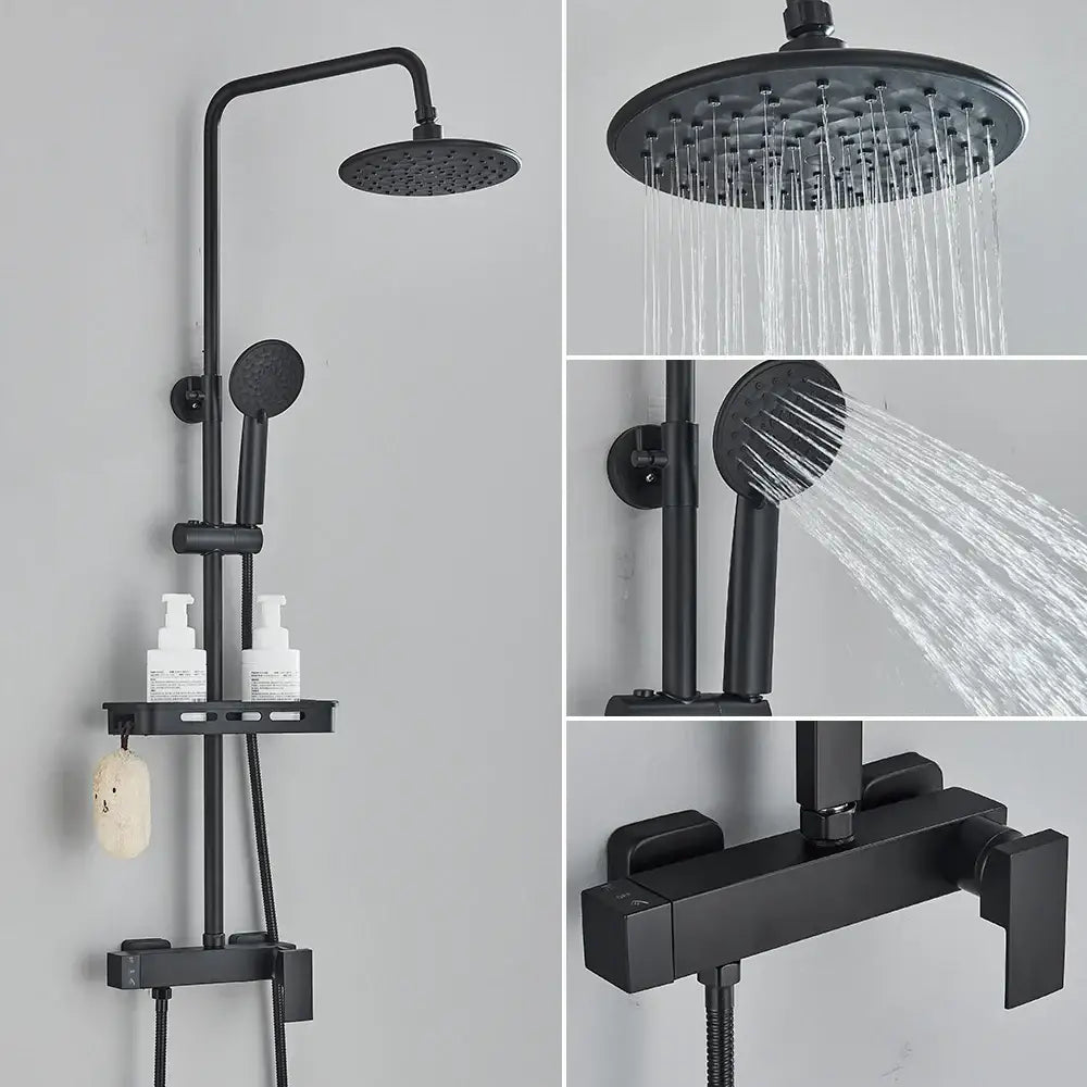Matte black rainfall shower faucet set with shelf for bathroom