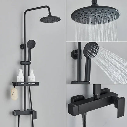 Matte black rainfall shower faucet set with shelf for bathroom
