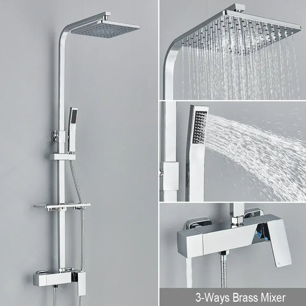 Matte black rainfall shower faucet set with shelf for bathroom