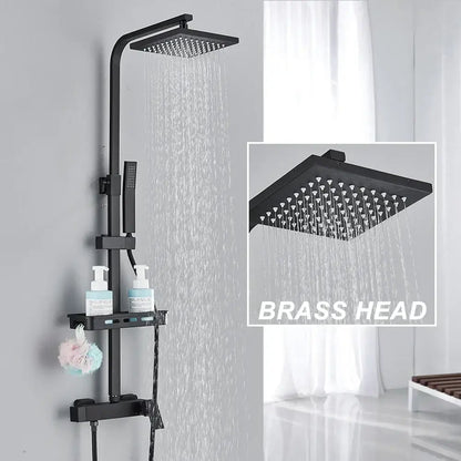 Matte black rainfall shower faucet set with shelf for bathroom