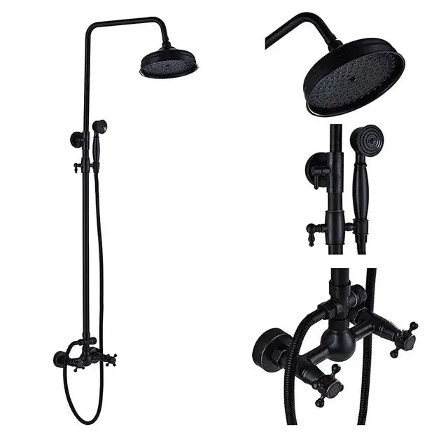 Matte black shower faucet set with handshower and tub spout bathroom