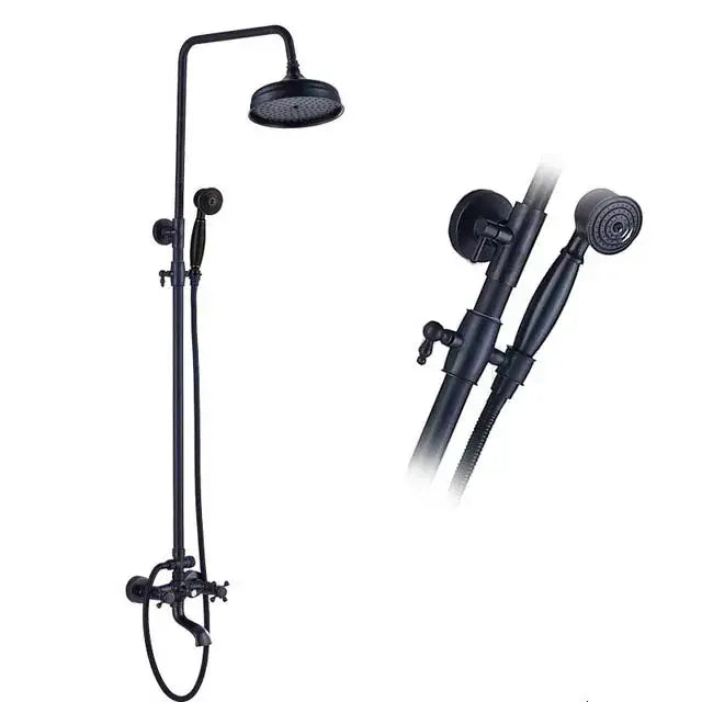 Matte black shower faucet set with handshower and tub spout bathroom