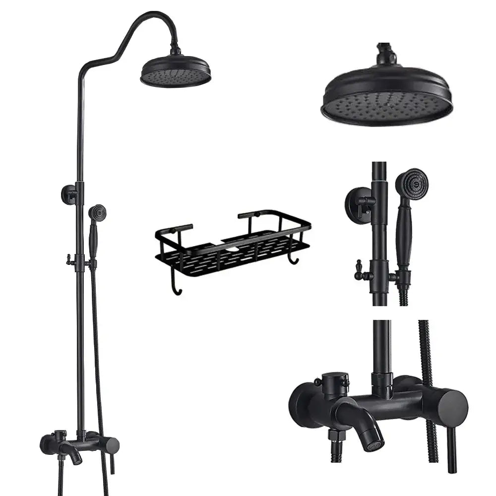 Matte black shower faucet set with handshower and tub spout bathroom
