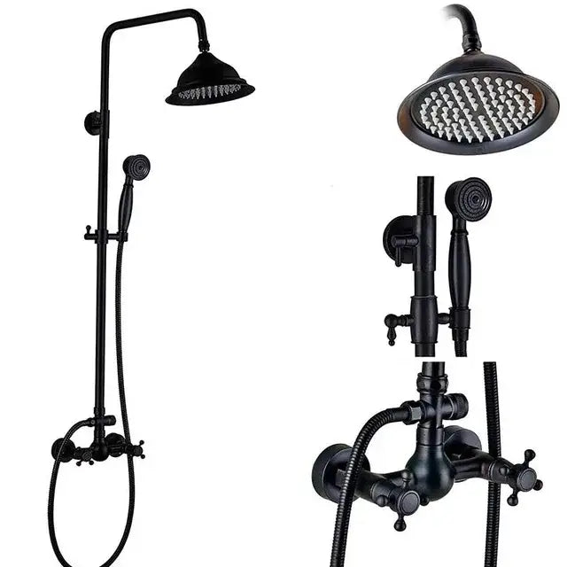 Matte black shower faucet set with handshower and tub spout bathroom