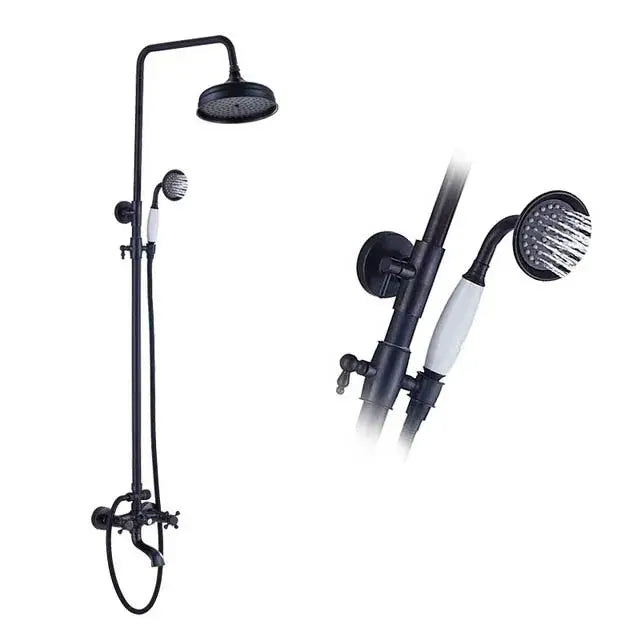 Matte black shower faucet set with handshower and tub spout bathroom