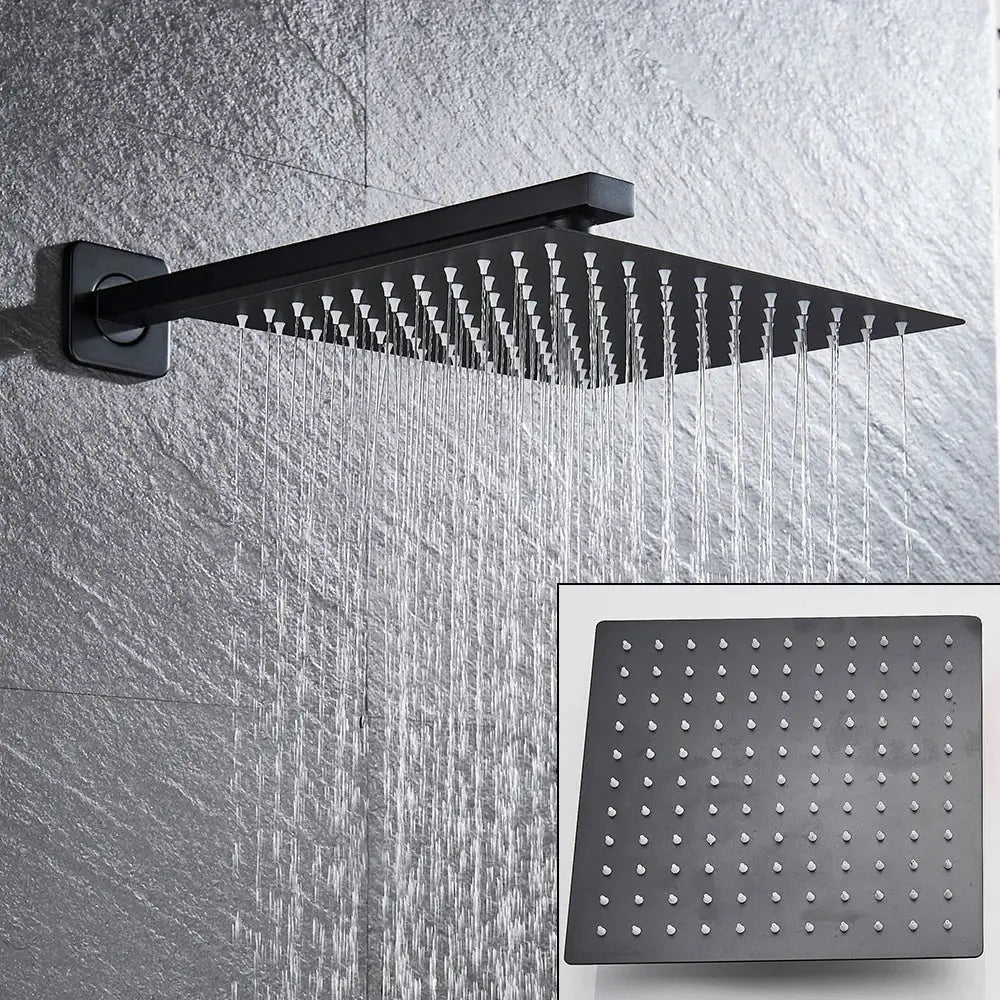 Matte black shower set with square rain head and spout for bathroom