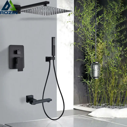 Matte black shower set with square rain head and spout for bathroom