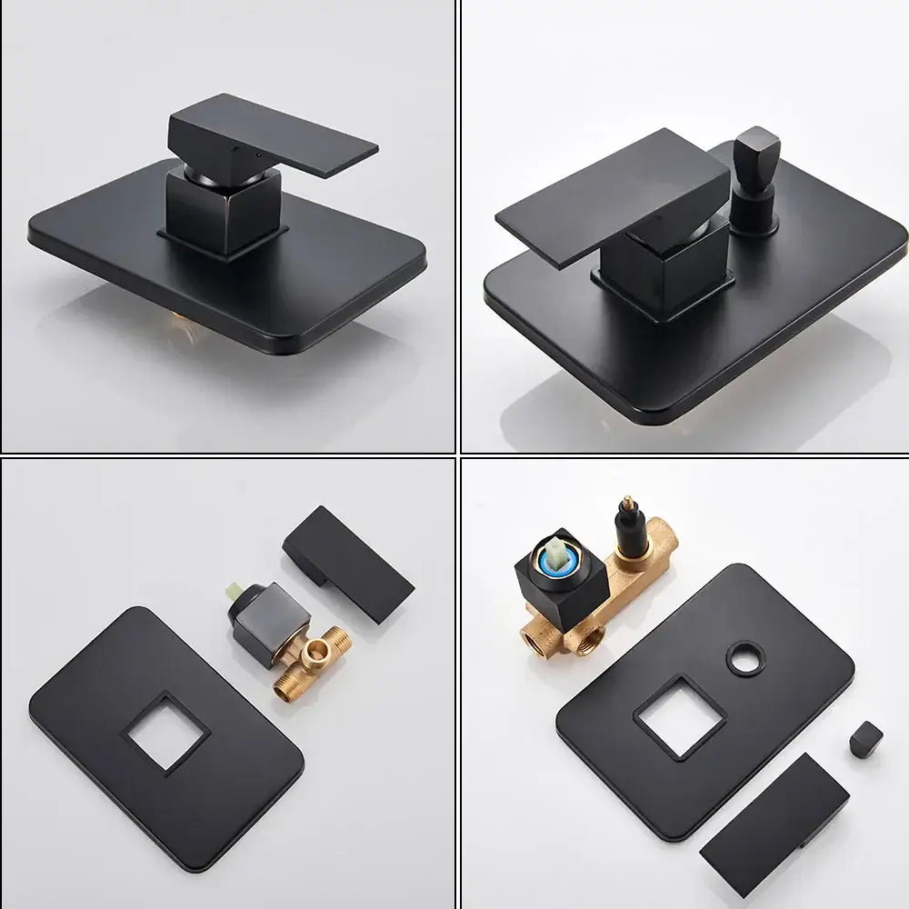 Matte black shower set with square rain head and spout for bathroom