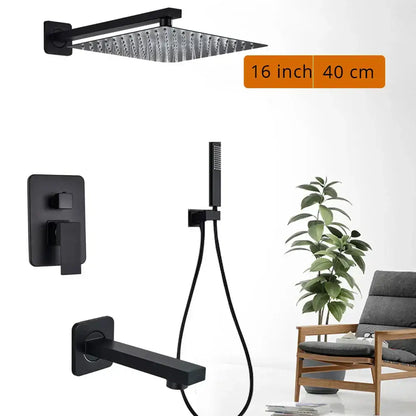 Matte black shower set with square rain head and spout for bathroom