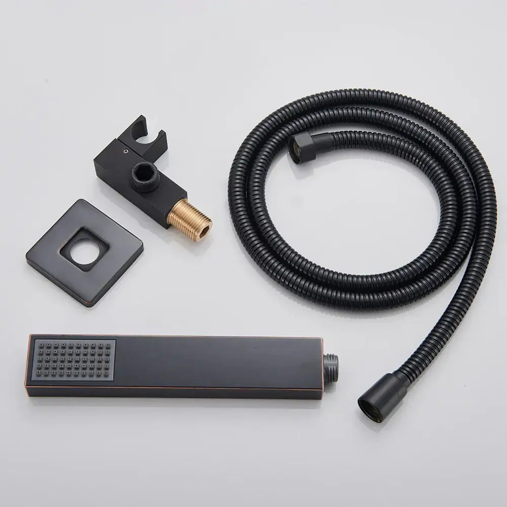 Matte black shower set with square rain head and spout for bathroom