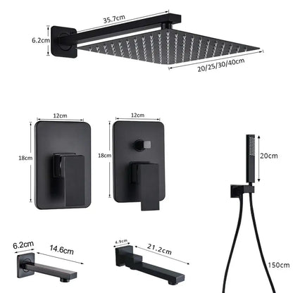 Matte black shower set with square rain head and spout for bathroom