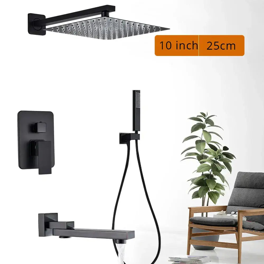 Matte black shower set with square rain head and spout for bathroom