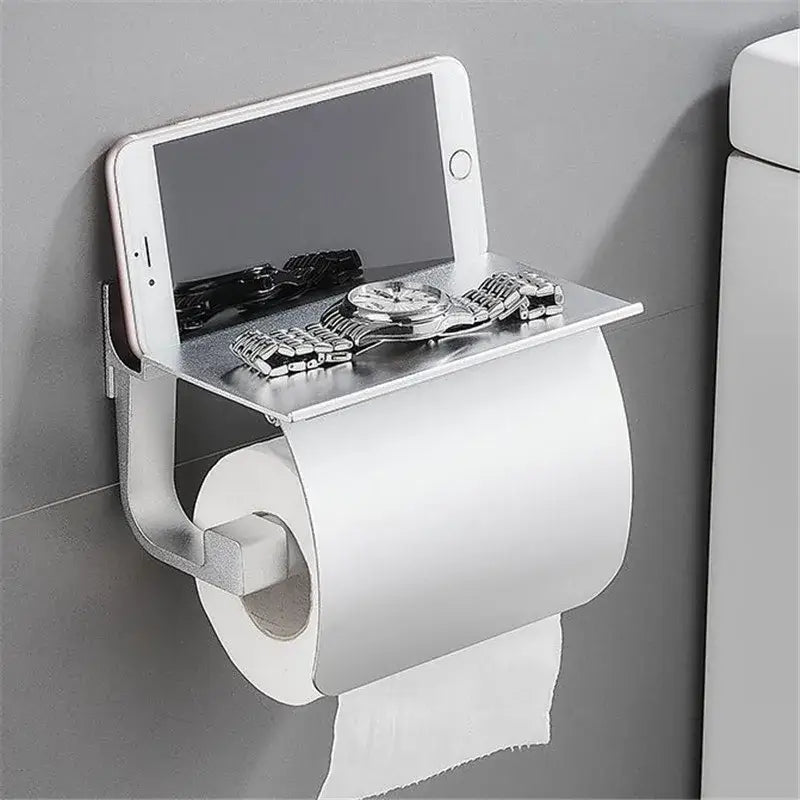 Matte black & silver toilet paper holder with shelf bathroom storage
