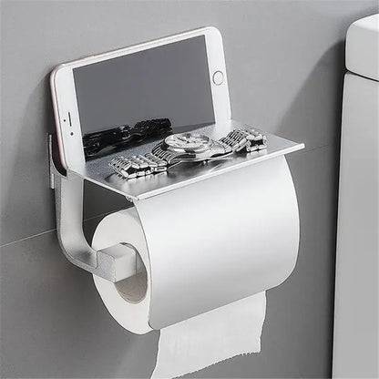 Matte black & silver toilet paper holder with shelf bathroom storage