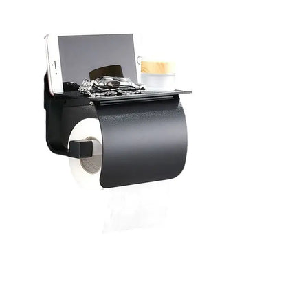 Matte black & silver toilet paper holder with shelf bathroom storage