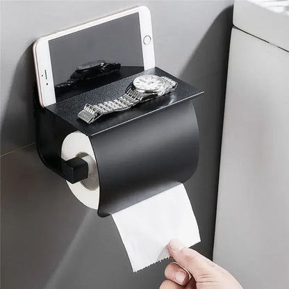 Matte black & silver toilet paper holder with shelf bathroom storage