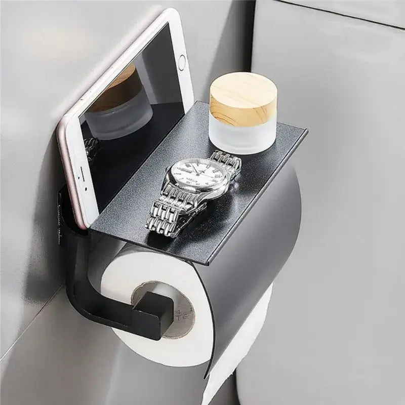 Matte black & silver toilet paper holder with shelf bathroom storage