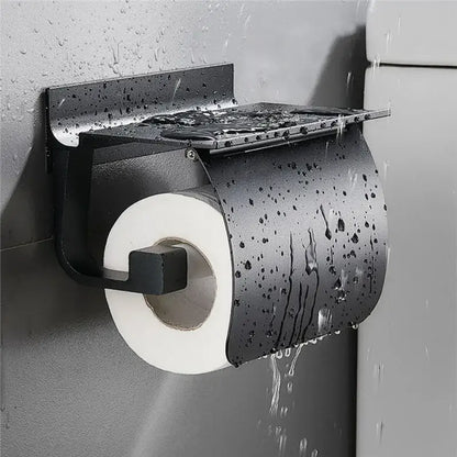 Matte black & silver toilet paper holder with shelf bathroom storage