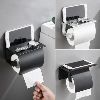 Matte black & silver toilet paper holder with shelf bathroom storage