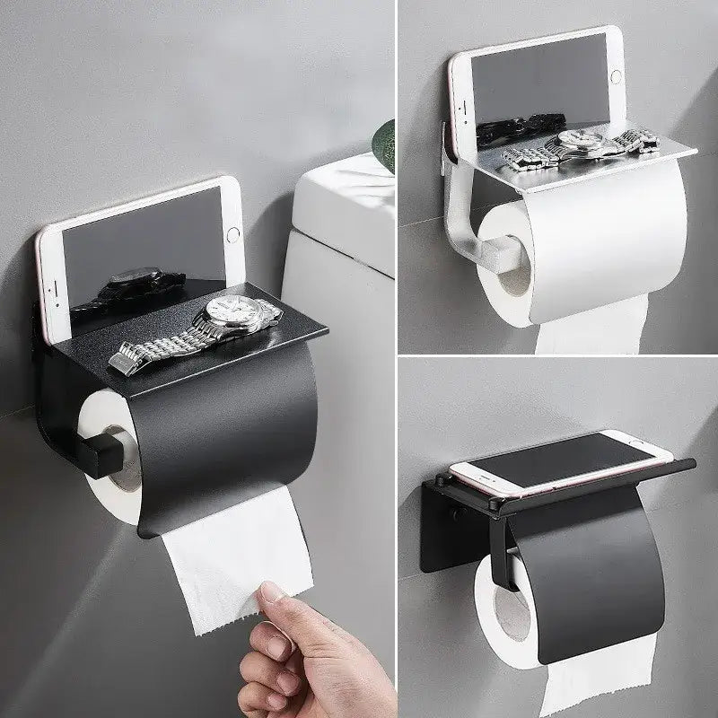 Matte black & silver toilet paper holder with shelf bathroom storage
