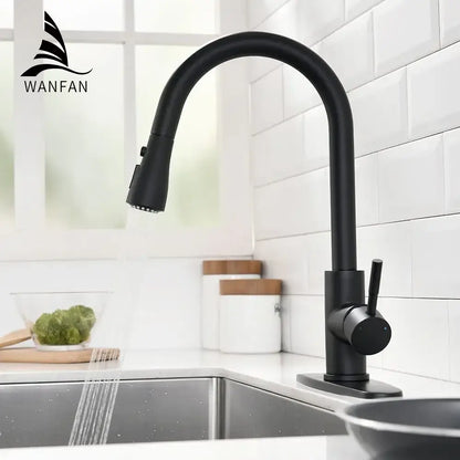 Matte black single handle pull down kitchen faucet swivel tap