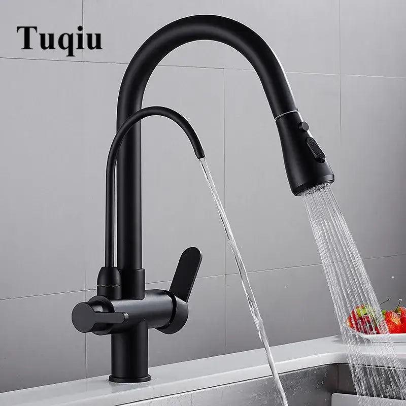 Matte black solid brass kitchen faucet with pull down spray head