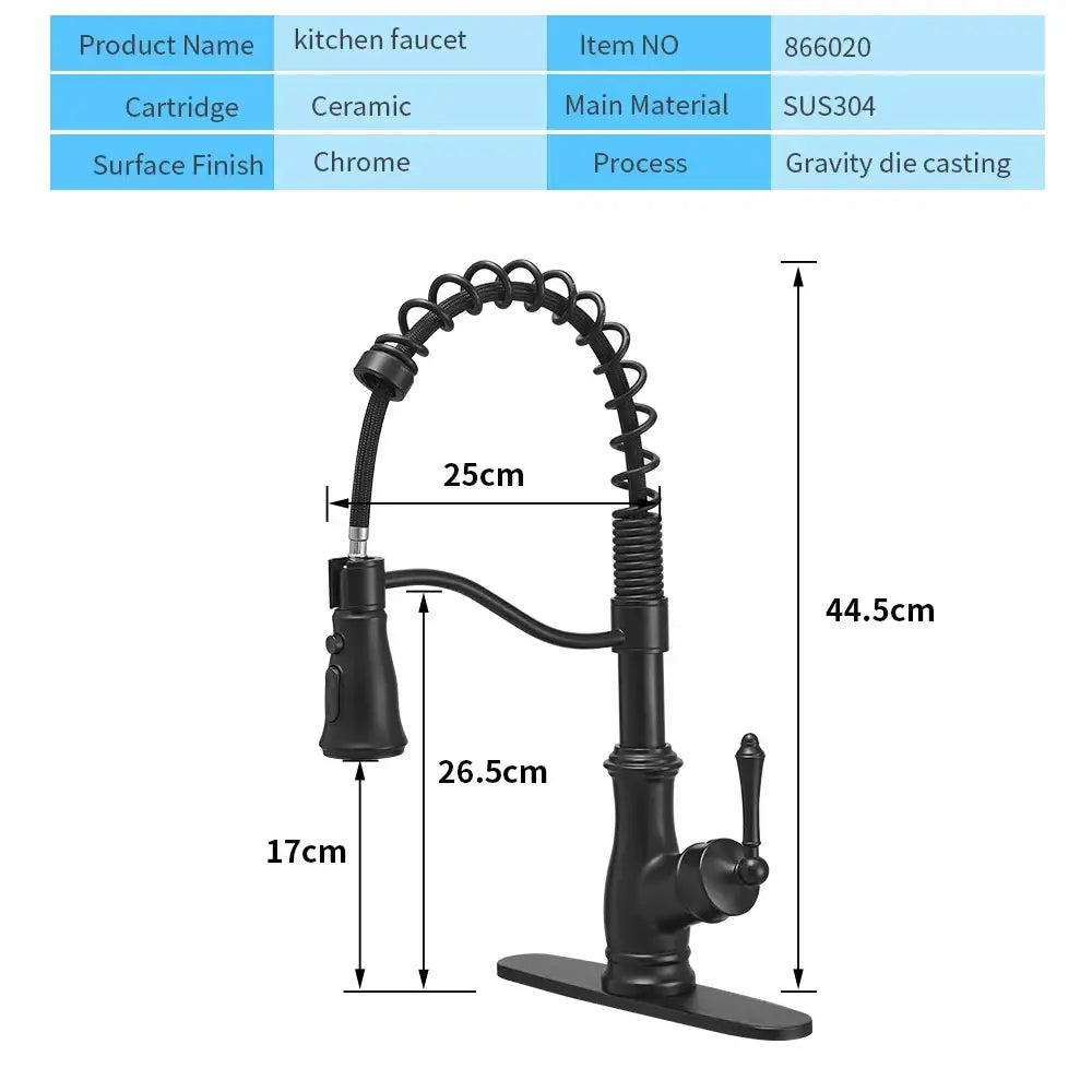 Matte black spring spout kitchen faucet with pull down hose