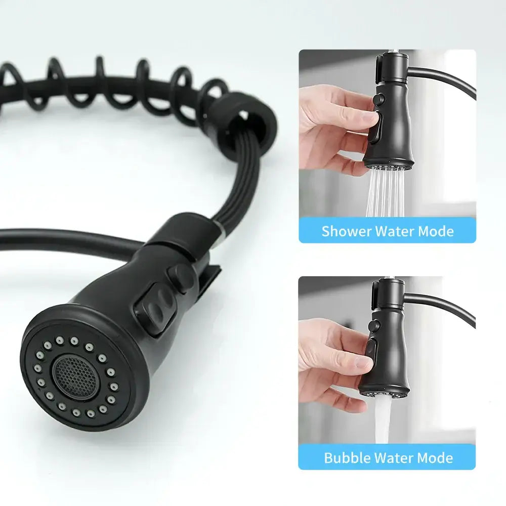 Matte black spring spout kitchen faucet with pull down hose