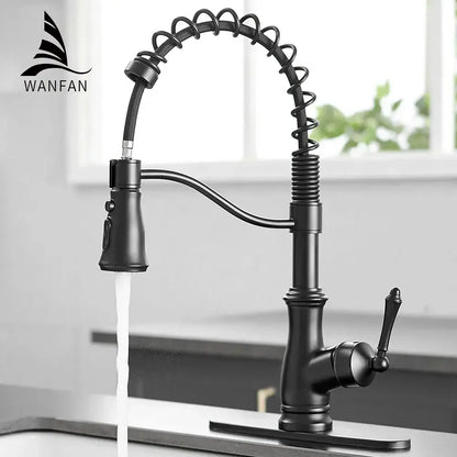 Matte black spring spout kitchen faucet with pull down hose