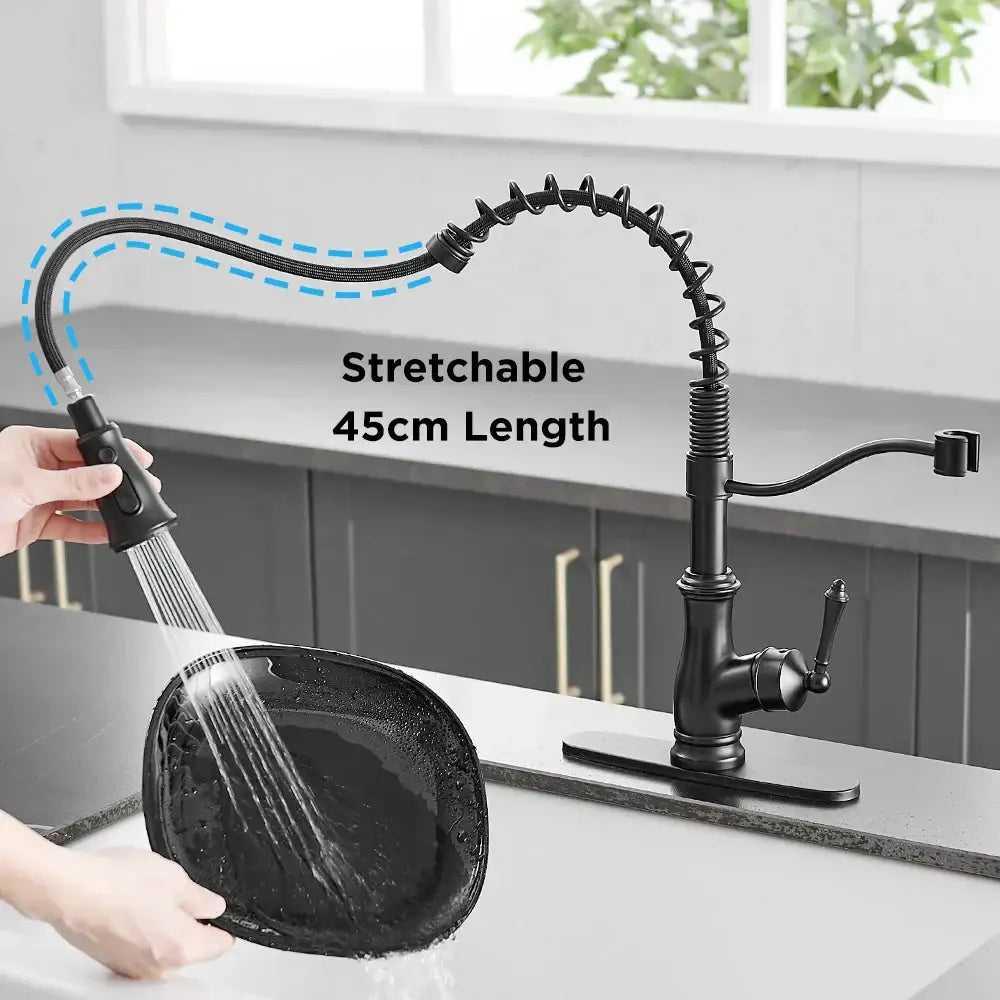 Matte black spring spout kitchen faucet with pull down hose